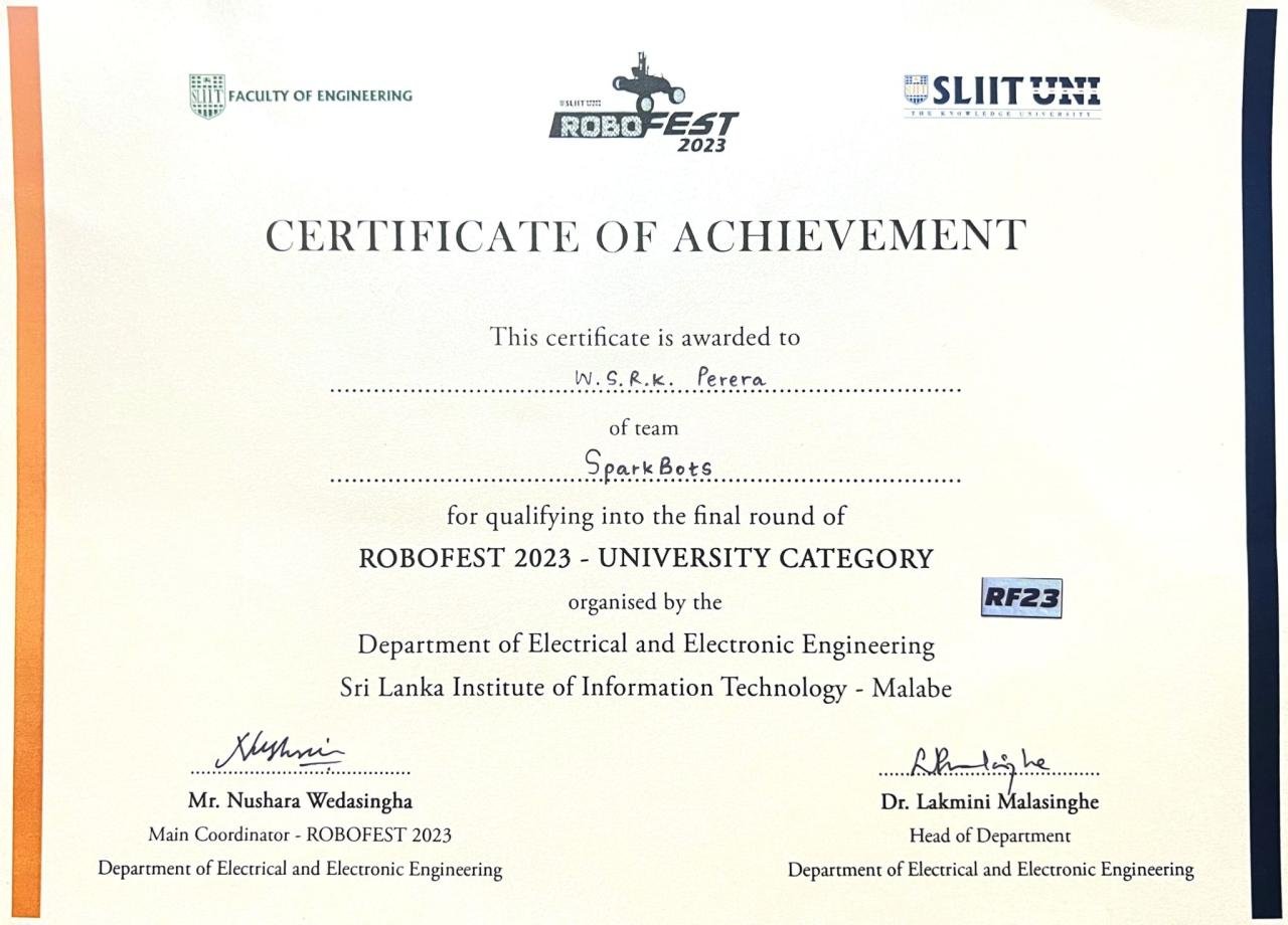 SLIIT Robofest 2023 certificate awarded to W. S. R. K. Perera of Team SparkBots for qualifying into the university-category final round
