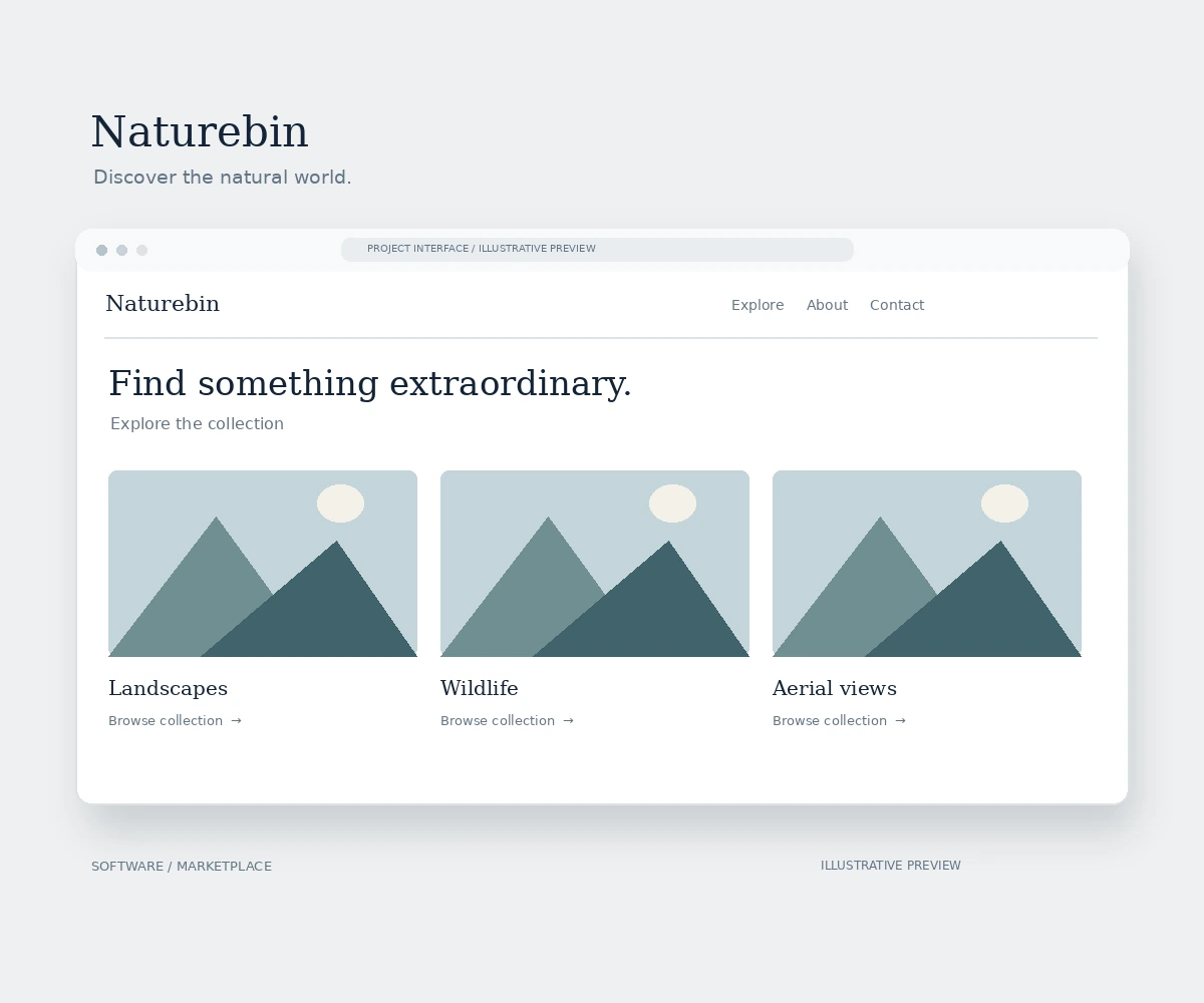 Illustrative Naturebin Marketplace interface preview in navy and muted grey