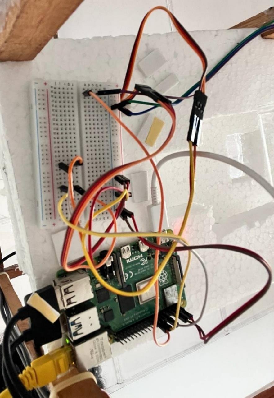 Raspberry Pi connected to a breadboard, USB cameras, and servo wiring inside the fabricated sorter