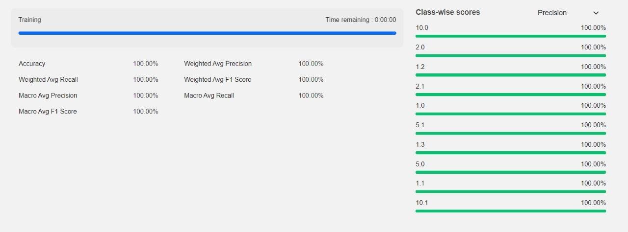 Model score panel showing accuracy, macro and weighted precision, recall, F1, and class-wise precision