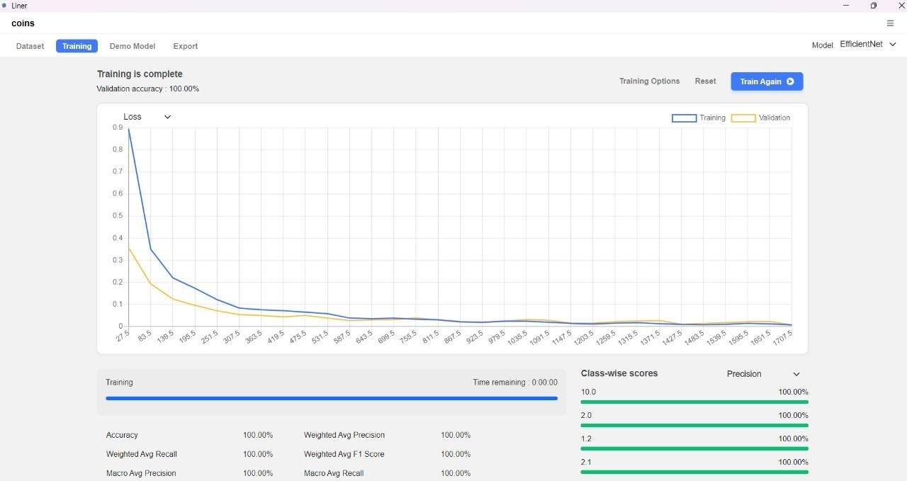 EfficientNet training interface showing decreasing training and validation loss and 100.0 percent validation accuracy