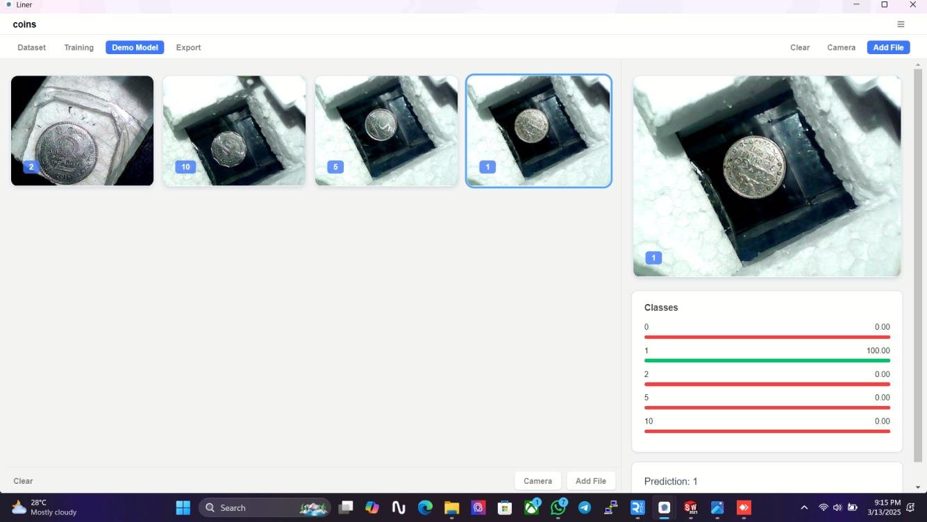 Demo classifier predicting denomination 1 from a captured coin image