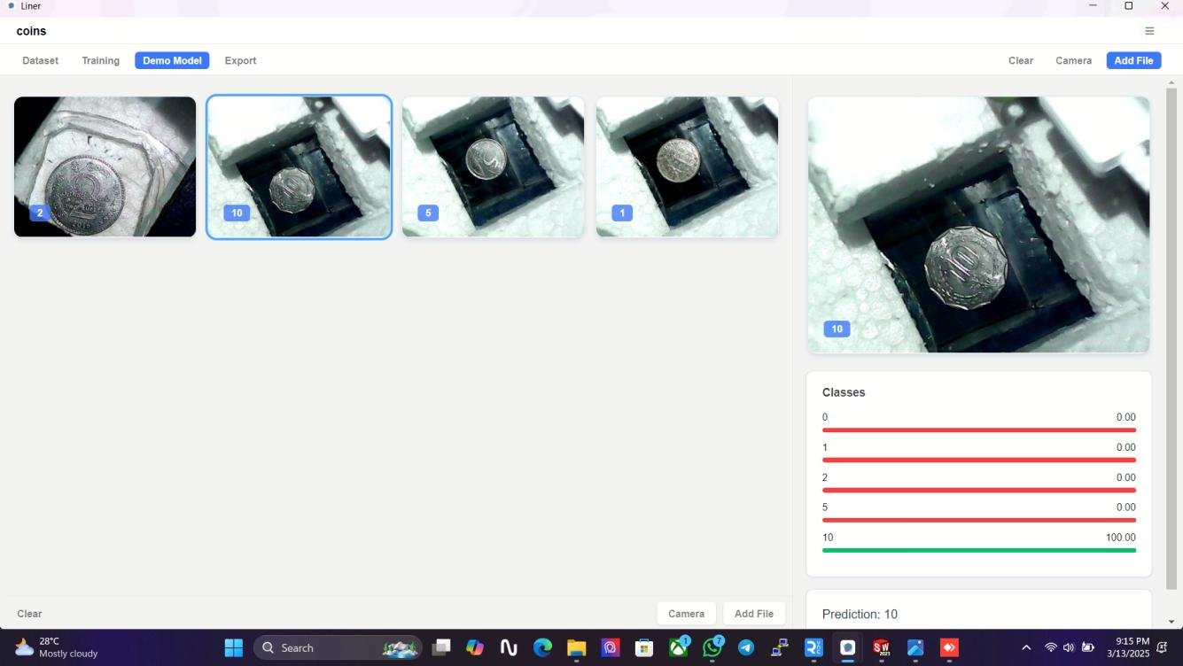 Demo classifier predicting denomination 10 from a captured coin image