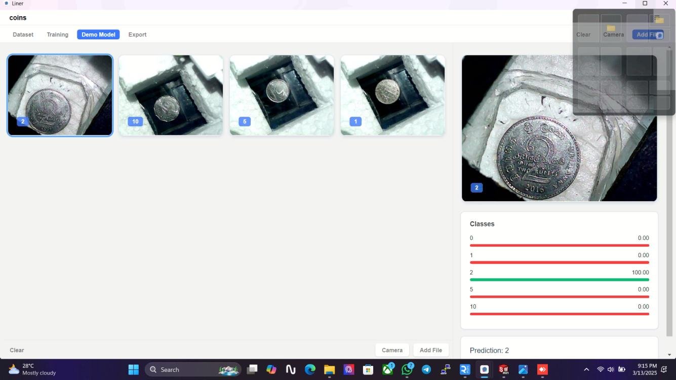 Demo classifier predicting denomination 2 from a captured coin image