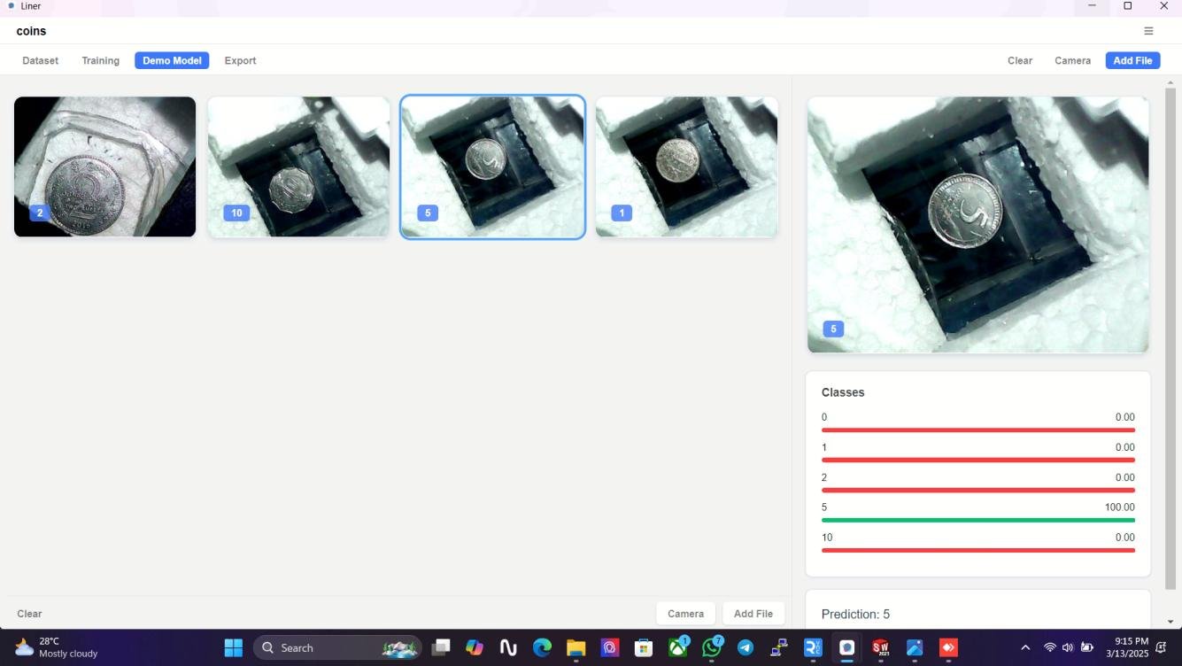 Demo classifier predicting denomination 5 from a captured coin image