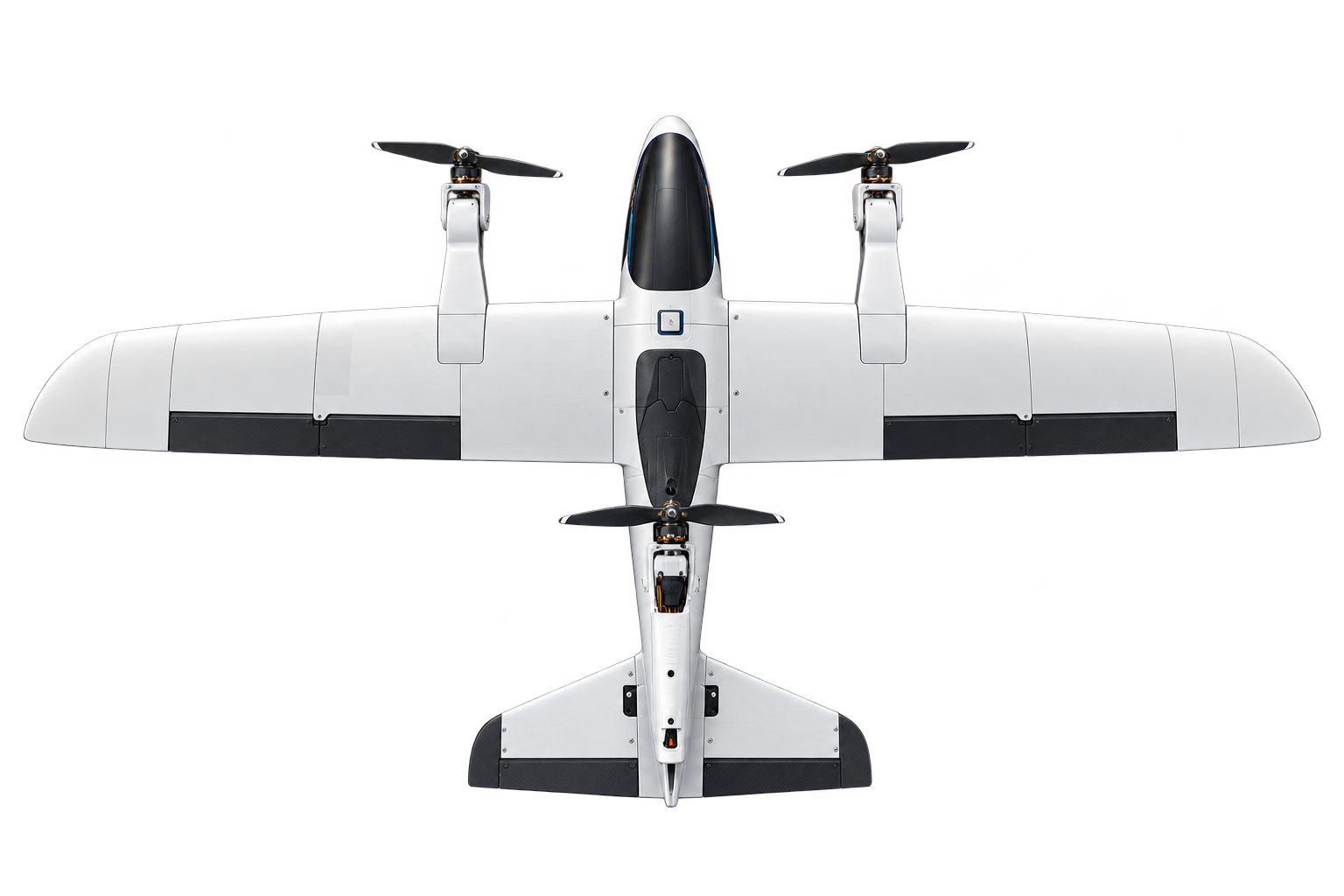 Presentation render of Vector V1 with its white airframe, dark control surfaces, and three tilting propulsion units