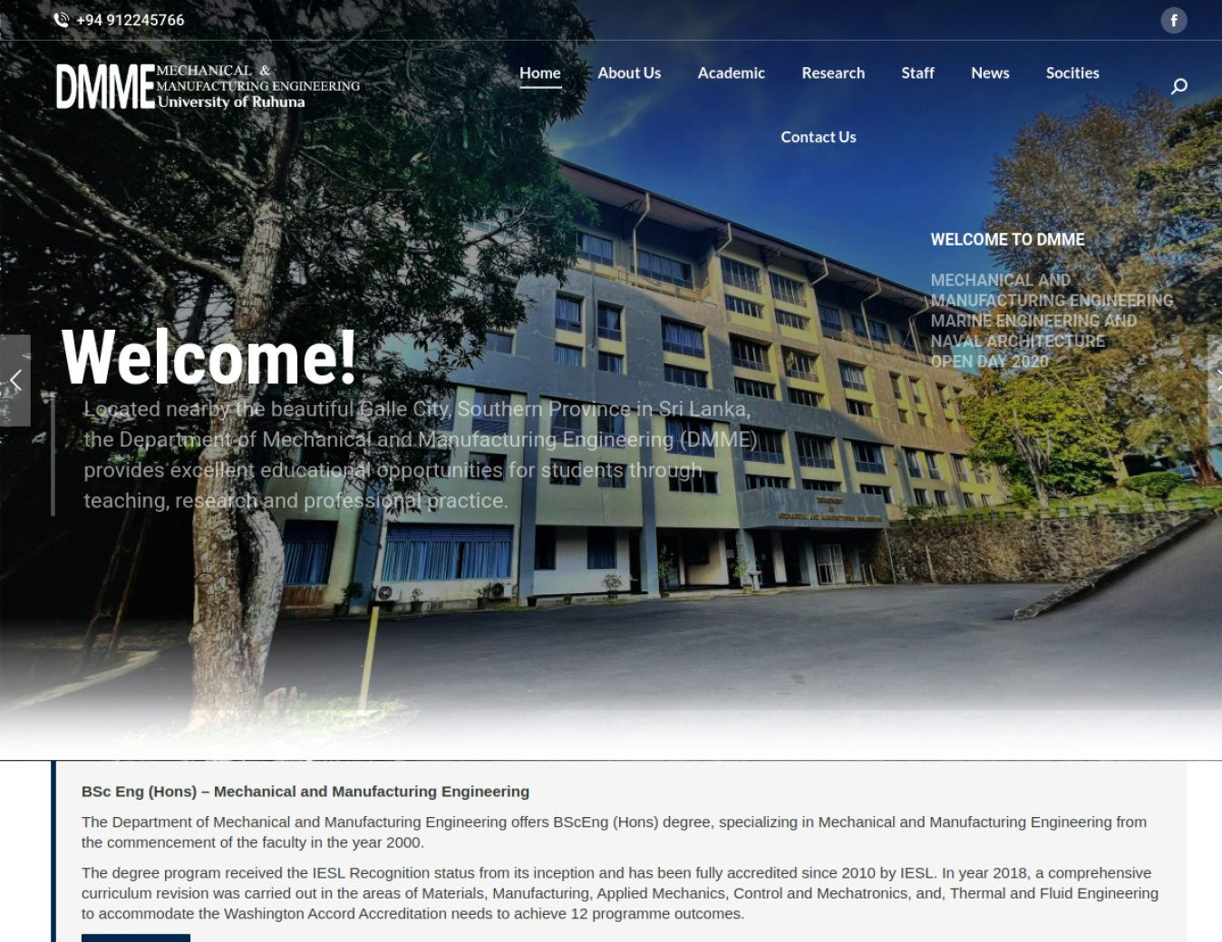 Landing-page screenshot of the University of Ruhuna Department of Mechanical and Manufacturing Engineering website