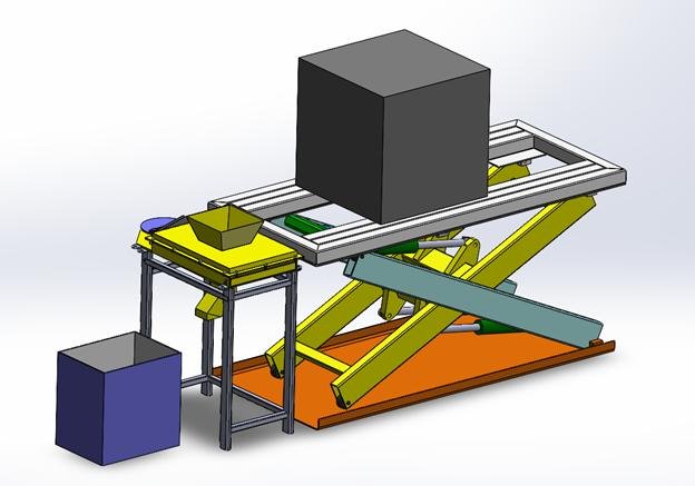 SolidWorks assembly of the siever beside a scissor-lift platform and collection container