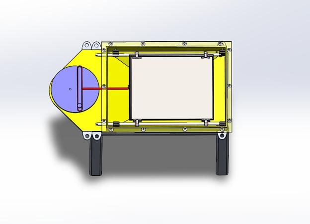 SolidWorks top view showing the rotating disc, crank pin, slotted yoke, and guided sieve frame