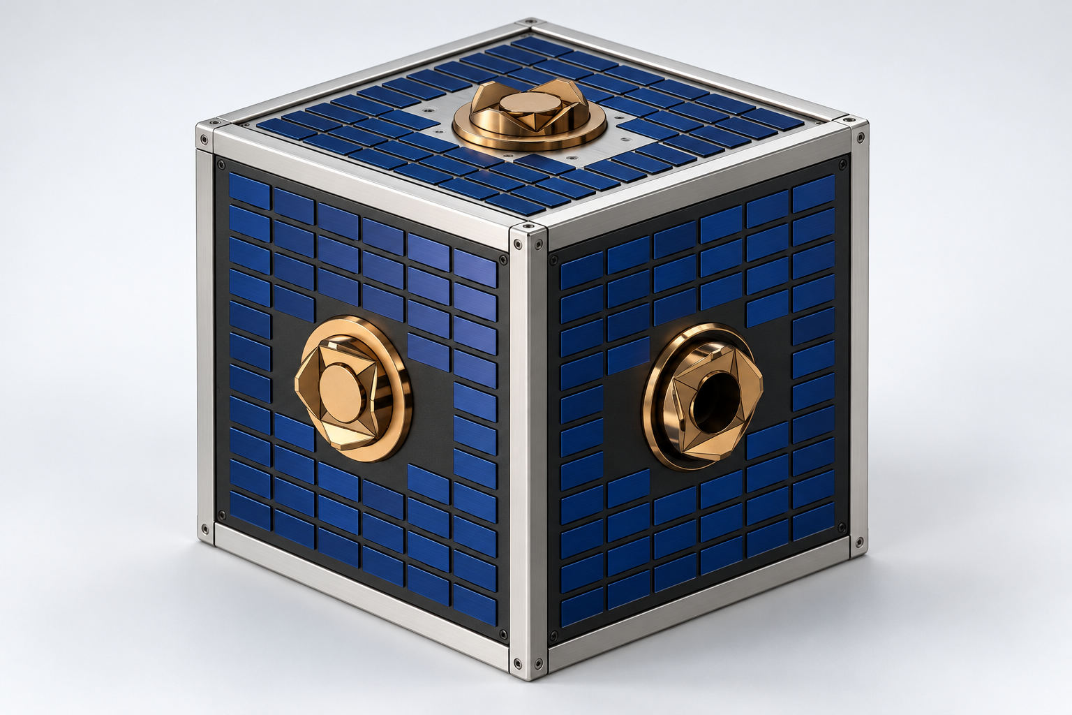 Presentation render of the Spacebot cube with satin aluminium frame, navy panels, and bronze docking interfaces