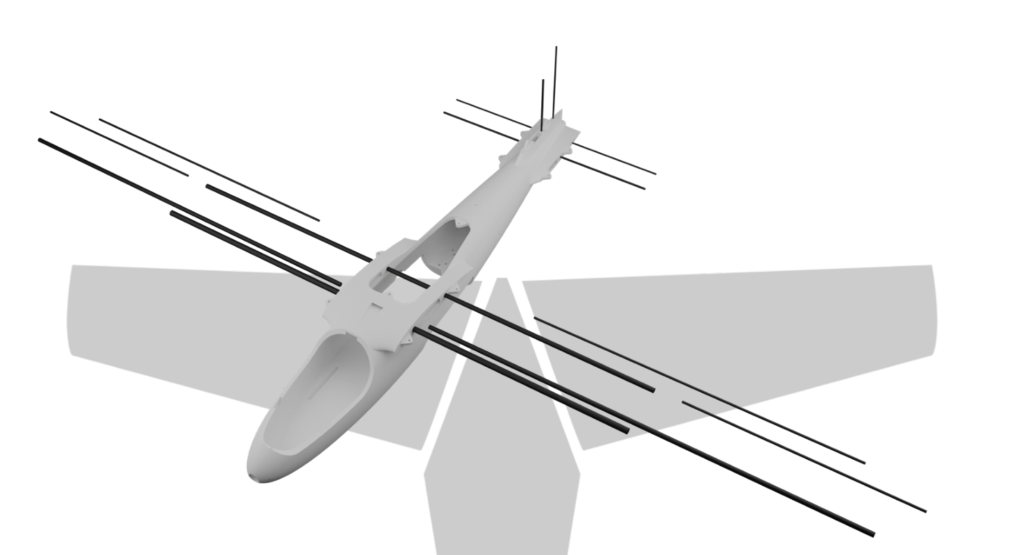 CAD arrangement of reinforcement rods through the UAV wing and fuselage