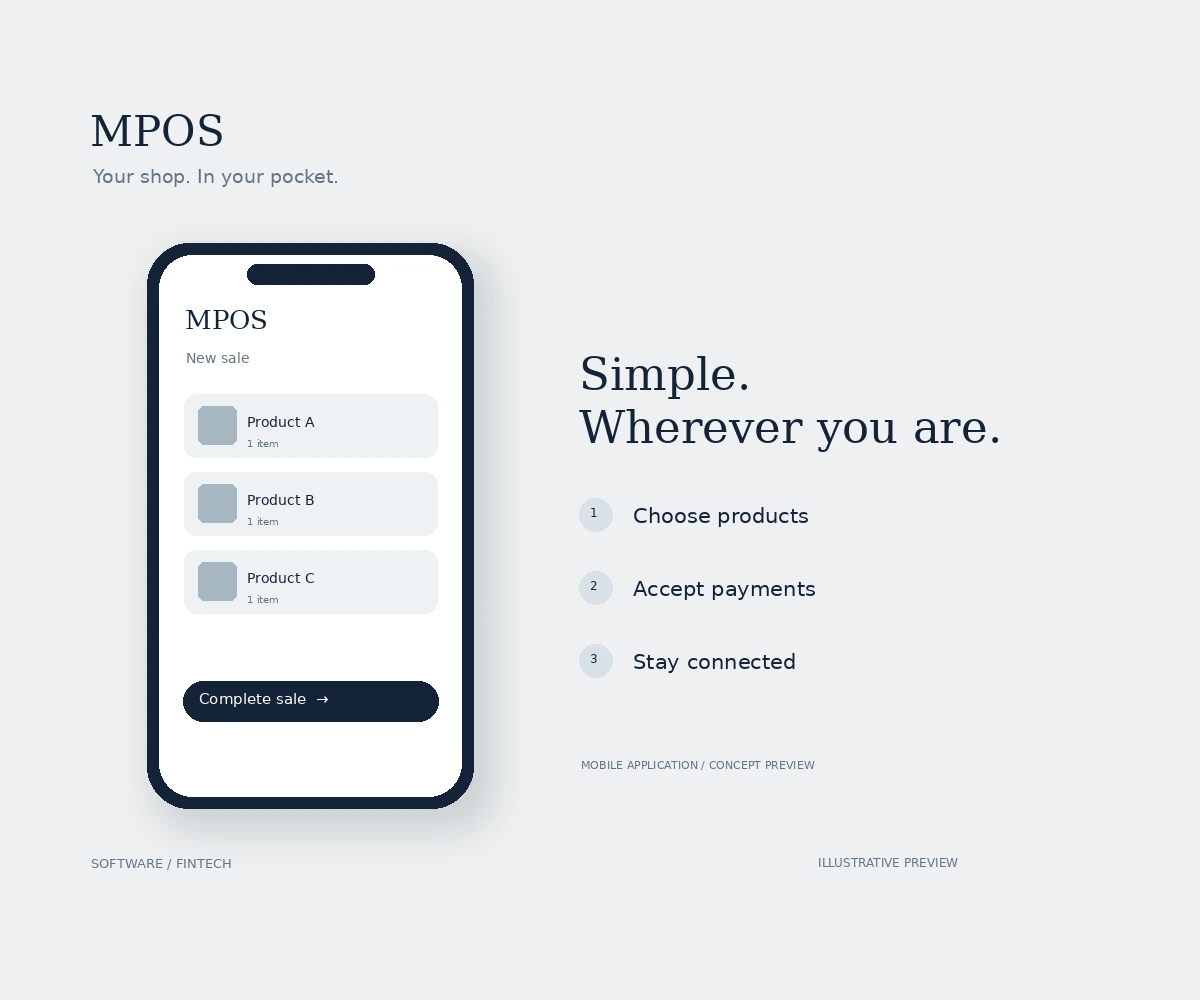Illustrative MPOS Mobile POS interface preview in navy and muted grey
