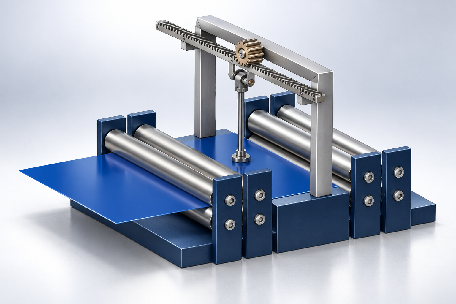 Presentation render of the sealing-machine CAD assembly with rollers, rack-and-pinion drive, and stamp linkage