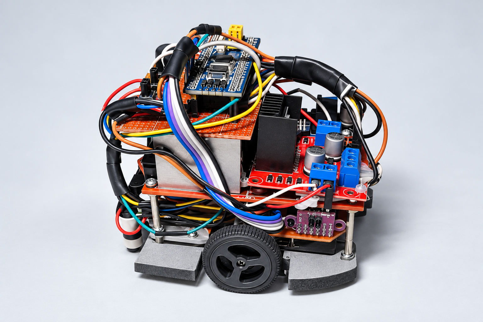 Presentation render based on the original Sparkbot photograph, showing its electronics stack, wiring, and drive wheel