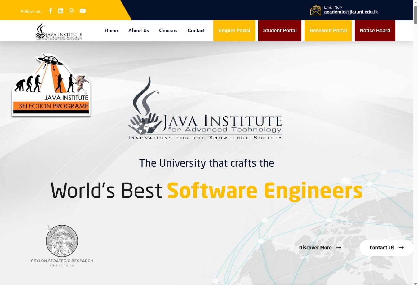 Landing-page screenshot of Java Institute Website